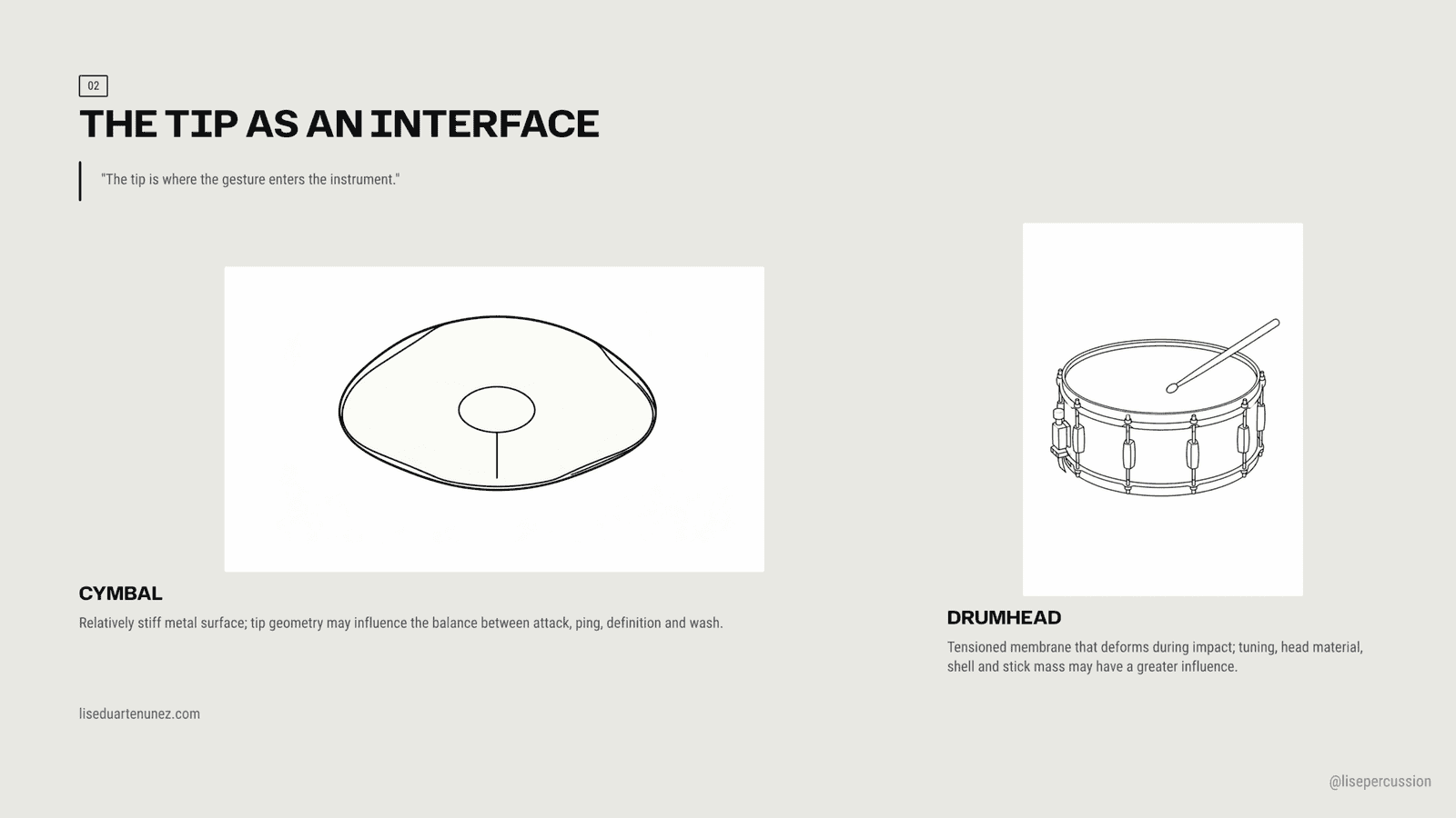 Slide comparing drumstick tip contact on a stiff cymbal plate versus a flexible tensioned drumhead membrane