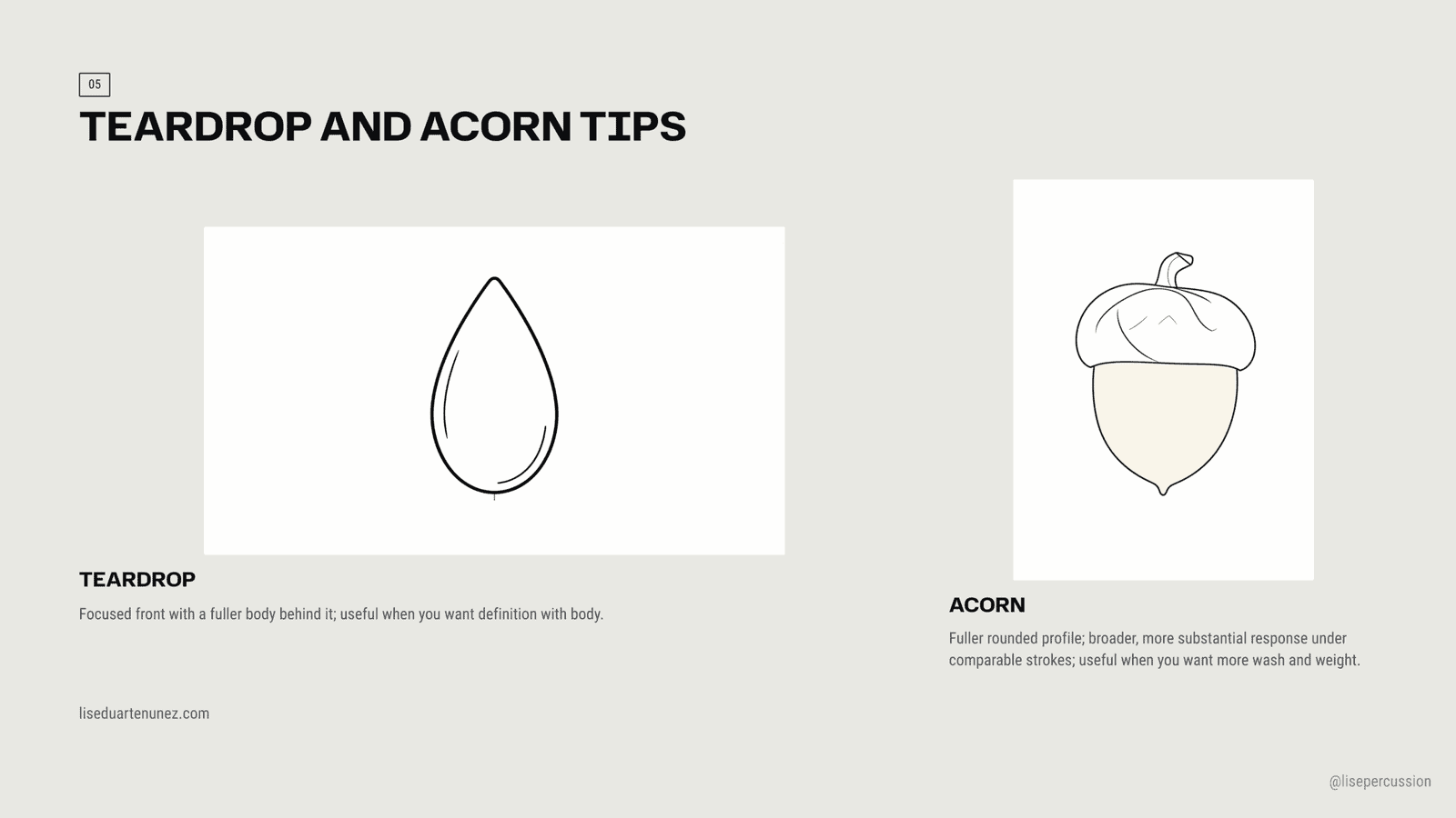 Teardrop vs acorn drumstick tips: focused front with fuller body versus rounded profile for more wash and weight