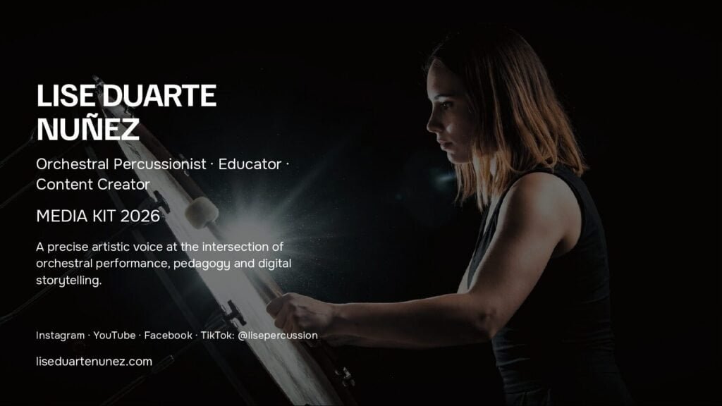 Media Kit 2026 cover: Lise Duarte Nuñez playing orchestral percussion, with her name and professional profile